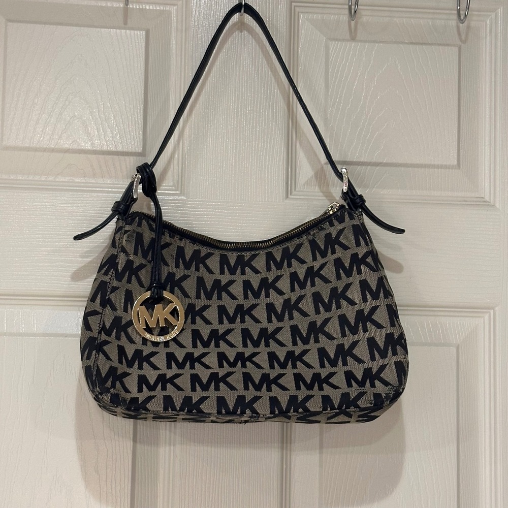 Michael Kors Monogram Jacquard Shoulder Bag Black Beige MK Logo Hobo Handbag